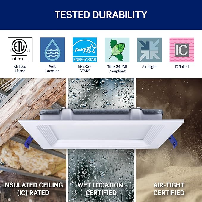 Leviton 6 in. Square Baffle Slim Downlight, 1100 Lumens, 5 CCT Color Selectable 2700K-5000K, Dimmable, DBS60-S1W, White