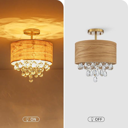 3-Light Drum Wood & K9 Crystal Ceiling Lights, Farmhouse Style Semi-Flushmount Light Fixture for Dining Room, Living Room & Bedroom, D12 * H14 inch, Solid Wood Lampshade & Gold Finish