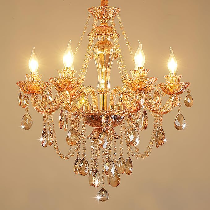 Bagood Champagne 6 Lights K9 Crystal Candle Chandeliers Lighting Modern Pendant Lights Candle Chandelier Lighting Crystal Modern Chandelier for Dining Living Room Bedroom E12 Base, H22 x W23.6 Inch