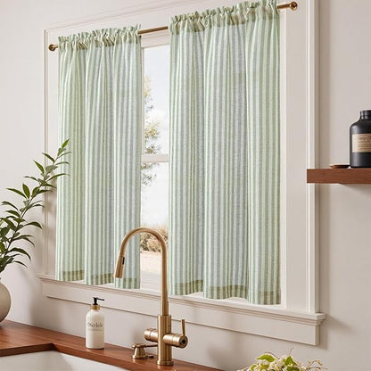 jinchan Striped Linen Kitchen Curtains 45 Inches Length Tier Curtains Farmhouse Modern Cafe Style Small Window Treatments Airy Light Filtering Rod Pocket for Living Room Bathroom 2 Panels Sage Green