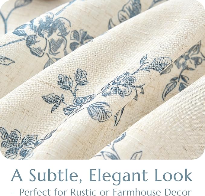 jinchan Floral Linen Kitchen Curtains with Attached Valance 36 Inch Length Farmhouse Cafe Tier Curtains for Living Room Bathroom Rustic Half Window Light Filtering Small Drapes 2 Panels Blue