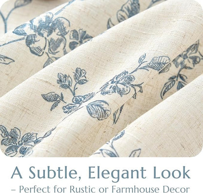 jinchan Floral Linen Kitchen Curtains with Attached Valance 36 Inch Length Farmhouse Cafe Tier Curtains for Living Room Bathroom Rustic Half Window Light Filtering Small Drapes 2 Panels Blue