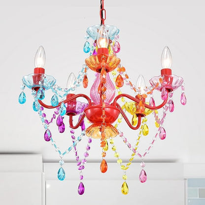 Colorful Small Crystal Chandelier for Girls Bedroom, 5-Light Acrylic Chandelier Lighting Fixture, Kids Room Nursery Ceiling Light for Closet, Playroom, Bathroom, Entryway