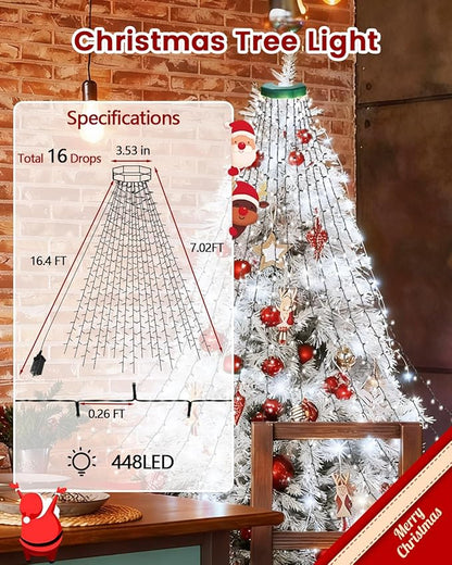 2025 New Christmas Tree Lights Indoor with Voice Control & Remote | 448LED Waterfall Tree Topper Lights with 12 Modes & Timer, 7FT x 16 Lines Cascading Twinkle Lights for 7FT Xmas Decor(Cool White)