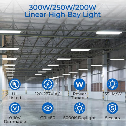 CINOTON 3FT 300W/250W/200W LED Linear High Bay Light, 100-277V Linear Shop Light Commercial, 5000K High Bay LED Shop Lights for Warehouse, Garage Factory, UL Listed 1 Pack