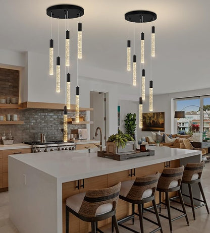 Modern High Ceiling Crystal Chandelier 7-Lights, Spiral LED Raindrop Foyer Pendant Lighting, Bubble Staircase Living Room Hanging Light Fixture Flush Mount Black