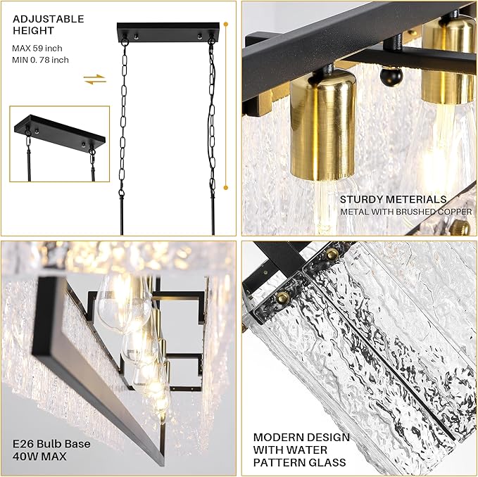 Modern Black Crystal Chandelier for Dining Room, 50" Hanging Light Fixture,Water Ripple Glass Design, Adjustable Height, Rectangle Chandelier for Living Room Kitchen Island