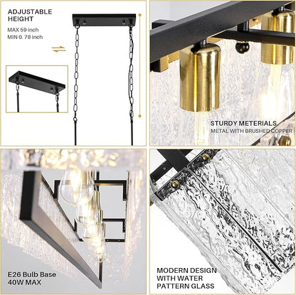 Modern Black Crystal Chandelier for Dining Room, 50" Hanging Light Fixture,Water Ripple Glass Design, Adjustable Height, Rectangle Chandelier for Living Room Kitchen Island