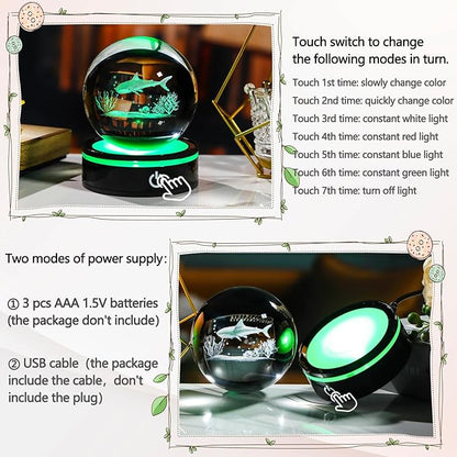 YWHL 3D Shark Figurine Crystal Ball with Colorful Light Base, Shark Gifts for Women Men Shark Lovers on Christmas Birthday, 3D Laser Engraved Shark Sphere Glass Ball for Home Office Decoration (80mm)