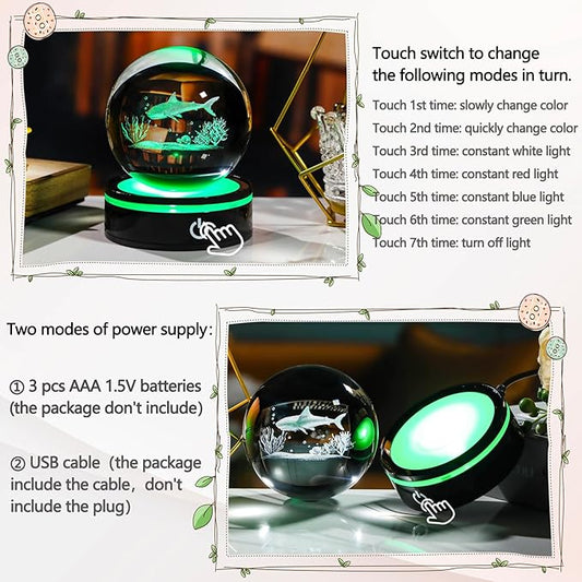 YWHL 3D Shark Figurine Crystal Ball with Colorful Light Base, Shark Gifts for Women Men Shark Lovers on Christmas Birthday, 3D Laser Engraved Shark Sphere Glass Ball for Home Office Decoration (80mm)