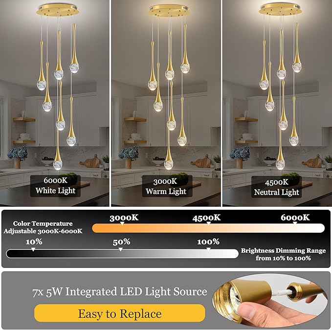 Modern Crystal Chandelier 7-Lights Gold, H60'' High Ceiling Spiral Dimmable LED Bubble Crystal Raindrop Light Fixture for Foyer Entryway Dining Room Remote Control