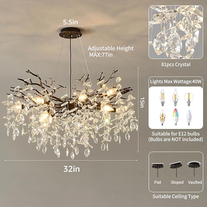 EGM Tree Branch Crystal Chandelier, 32 Inch Living Room Black Crystal Chandelier 10-Light(E12), Hanging Branch Chandeliers for Dining Room Bedroom Foyer