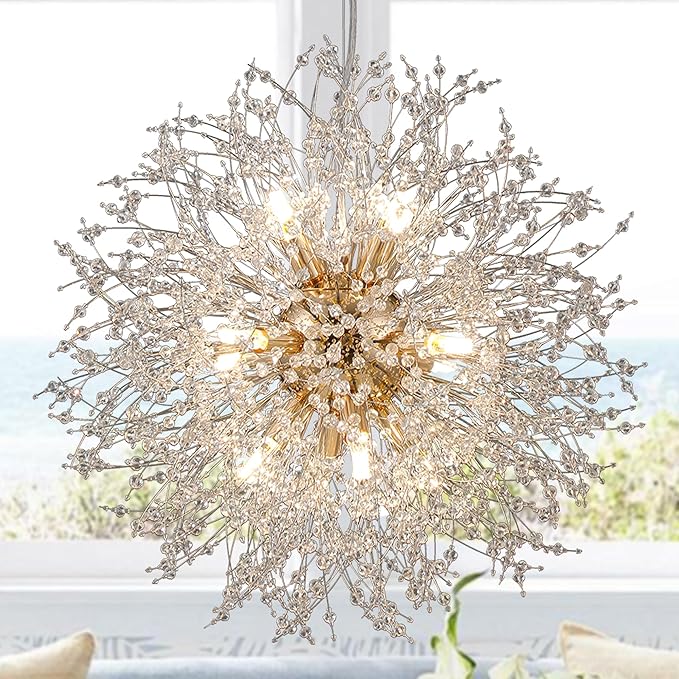 Firework Crystal Chandeliers, 12 Lights Modern Sputnik Chandelier, Gold Dandelion Pendant Light Fixture for Kitchen Island Dining Room Bedroom