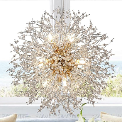 Firework Crystal Chandeliers, 12 Lights Modern Sputnik Chandelier, Gold Dandelion Pendant Light Fixture for Kitchen Island Dining Room Bedroom