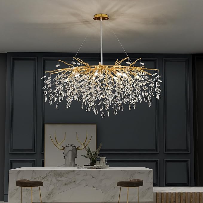 Modern Crystal Tree Branch Chandelier Gold L40'', Large Art Deco Linear Rectangle Raindrop Indoor Hanging Lighting Fixture for Dining Room Kitchen Island Living Room 12 Lights