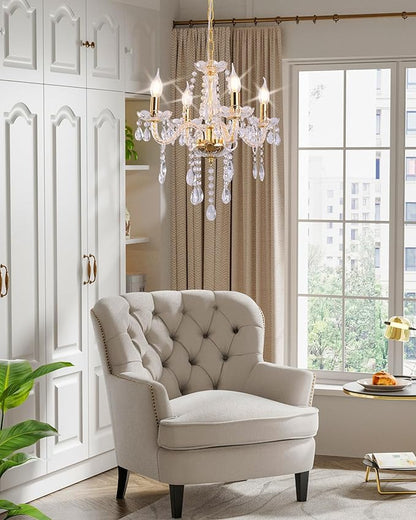 MALOSA Small Gold Crystal Chandeliers,Classic 4 Lights Mini Chandelier,Antique Candle Glass Chandelier for Dining Room,Girls Bedroom,Living Room