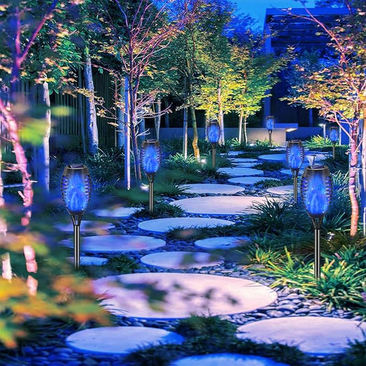 Blue Solar Lights, Halloween Decorations Outdoor 8 Pack Solar Torch Lights with Flickering Flame, 12 LED Mini Tiki Torches Waterproof for Landscape Pathway Dusk to Dawn Auto On/Off