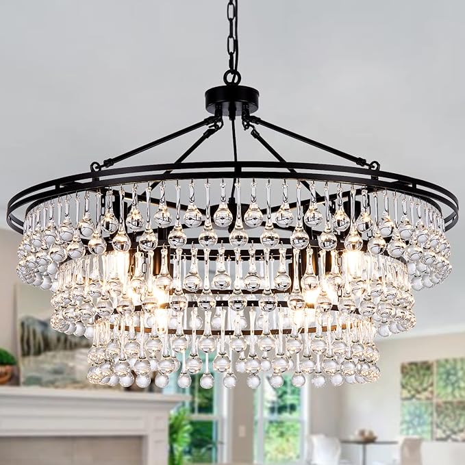 Wellmet Large Black Farmhouse Chandelier - 32" Round Modern Crystal Teardrop Chandelier for Dining Room, Bedroom, Kitchen, Hallway, Closet, Living Room