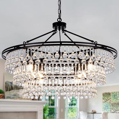 Wellmet Large Black Farmhouse Chandelier - 32" Round Modern Crystal Teardrop Chandelier for Dining Room, Bedroom, Kitchen, Hallway, Closet, Living Room