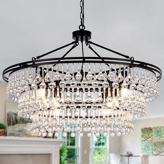 Wellmet Large Black Farmhouse Chandelier - 32" Round Modern Crystal Teardrop Chandelier for Dining Room, Bedroom, Kitchen, Hallway, Closet, Living Room