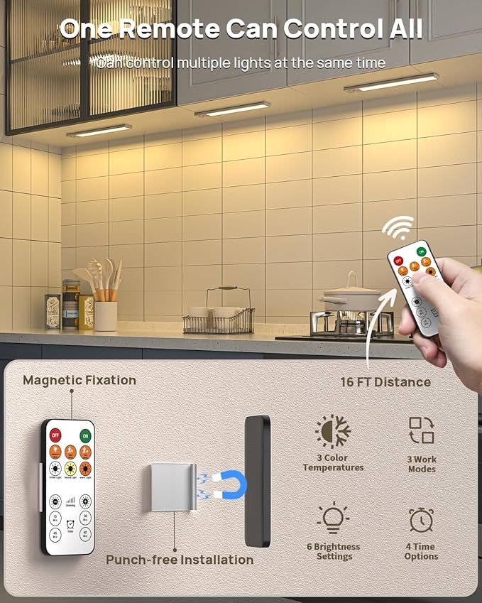 Under Cabinet Lighting with Remote, 12" Motion Sensor Light Indoor, Rechargeable LED Closet Light Wireless, 3 Color Temps & Dimmable, Magnetic Under Counter Lights for Kitchen, Stairs, Pantry, 3 Pack