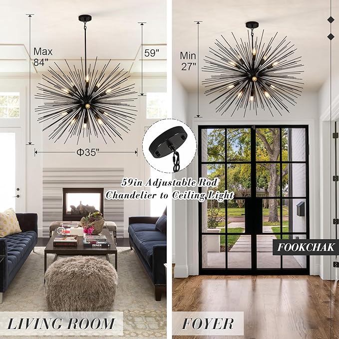 35in Black Sputnik Chandelier 12-Light Starburst Chandelier Light Fixture Solid Metal Mid-Century Modern Satellite Light Fixture for High Ceiling Living Room Dining Room Foyer, E12