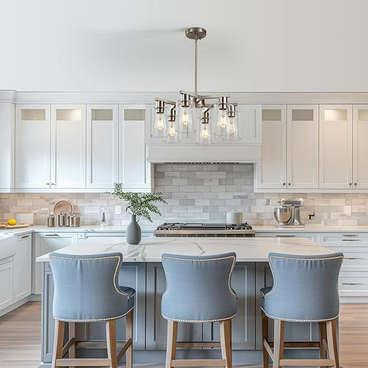 6-Light Farmhouse Brushed Nickel Chandelier,Modern Chandeliers for Dining Room Light Fixture Over Table,Adjustable Hanging Industrial Rustic Pendant Lights for Kitchen Island with Clear Glass Shade