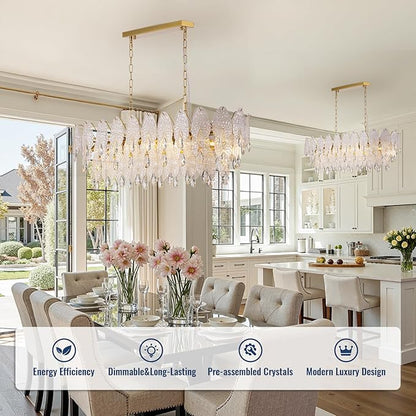 40-inch Gold Rectangle Chandelier for Dining Room,Modern Luxury Chandeliers,Linear Glass Pendant Hanging Lighting Fixture for Kitchen Island,L39.4'' × W13.8'' × H12.2''