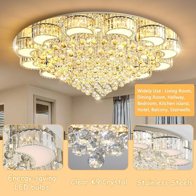 47" Silver Modern Crystal Chandeliers for Dining Room LED Dimmable Light Fixtures Flush Mount Light Living Room Bedrooms