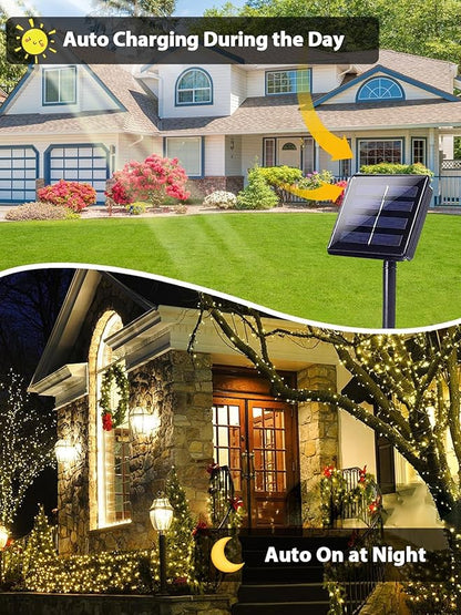 4 Pack Total 800 LED Solar Christmas Lights Outdoor, Solar String Lights for Outside with 8 Modes, Waterproof Green Wire Solar Powered Tree Light for Xmas Party Yard Garden Decorations (Warm White)
