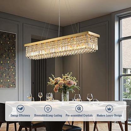 Modern Crystal Chandelier for Dining Room,10-Light K9 Rectangle Farmhouse Chandeliers,Gold Chandeliers,Pendant Light Kitchen Island Bar Bedroom Party Wedding Hotel