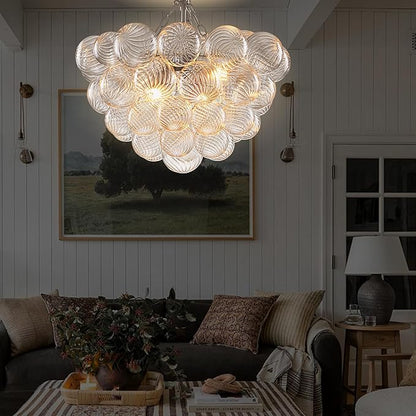 Hand Blown Glass Bubble Ball Chandelier Nickel-Plated 20" Small Pendant Lights Swirled Art Deco Cluster Ribbed Globe Blown Glass Chandeliers for Dining Room Bathroom Entry Bedroom