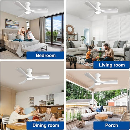 Depuley Ceiling Fans with Lights and Remote: Flush Mount Low Profile Ceiling Fan for Bedroom - Dimmable Indoor Outdoor Fan with APP Control White Timer