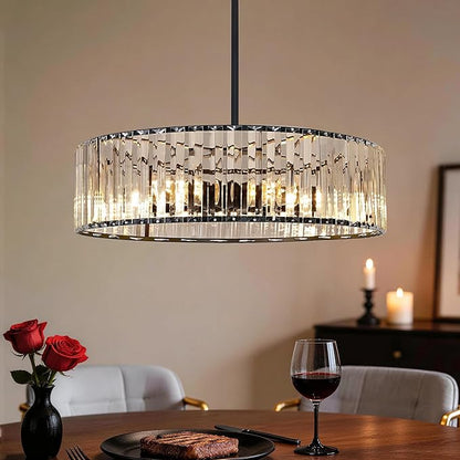 Modern Crystal Chandelier, 6-light Dinning Room Light Fixture, Round Pendant Light Kitchen Island, Black Hallway Light Fixture, Semi Flush Mount Ceiling for Living Room Entryway Bedroom Foyer, E26