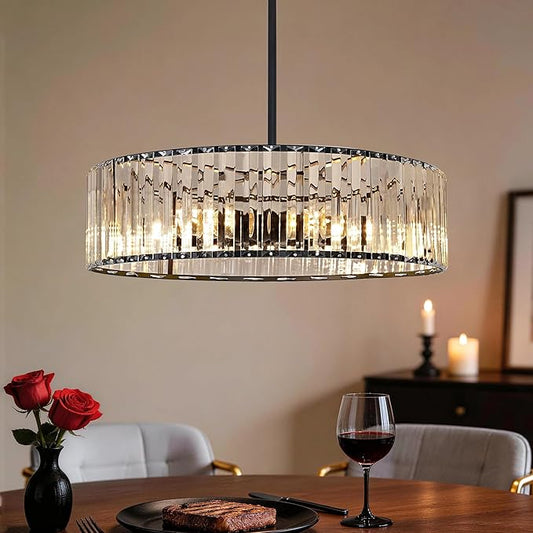 Modern Crystal Chandelier, 6-light Dinning Room Light Fixture, Round Pendant Light Kitchen Island, Black Hallway Light Fixture, Semi Flush Mount Ceiling for Living Room Entryway Bedroom Foyer, E26