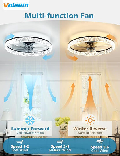 VOLISUN Low Profile Ceiling Fan with Lights and Remote, 24in Modern Ceiling Fans Flush Mount, 3000K-6500K Dimmable Bladeless LED Fan Light, Black Fandelier Ceiling Fans with Lights for Bedroom