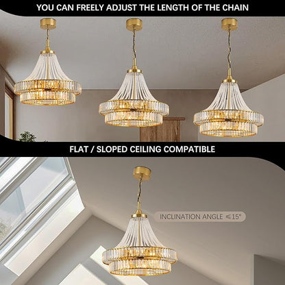24" Modern Crystal Caged Fandelier, Smart Chandelier Fan with Remote and APP Control, Double Layer Ceiling Fan with Light for Dining Living Room Bedroom, Italian Design-Gold