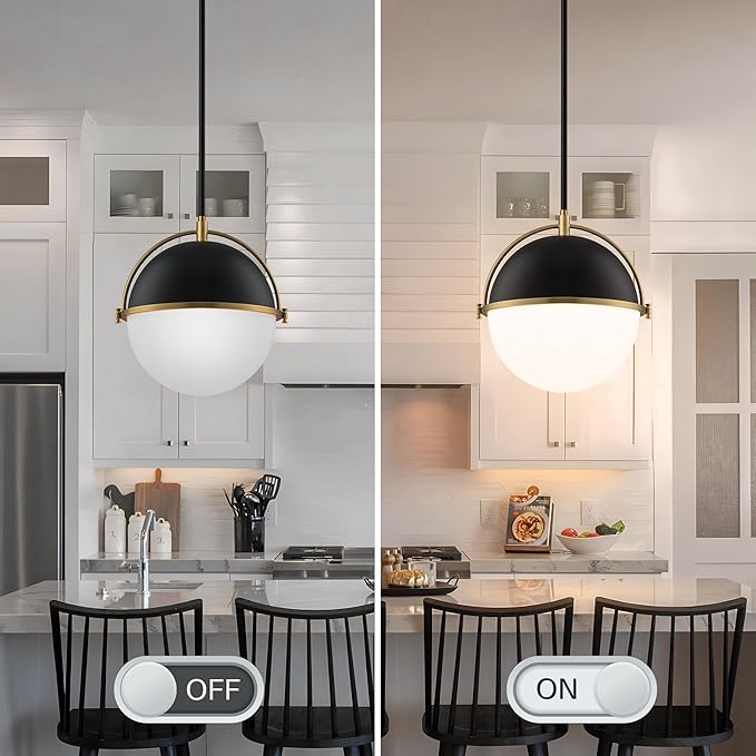Globe Pendant Lights Kitchen Island, Black and Gold 11.4 Inch Pendant Light Fixtures with Milk Globe Glass Shade, Pendant Lighting for Dining Room Cafes Restaurants Living Room
