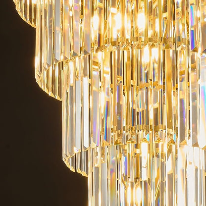 Crystal High Ceiling Chandelier Modern: 30" 7-Tiered Dimmable Staircase Chandeliers - Large Long Gold Hanging Pendant Light Fixture For Entryway Foyer Living Room - Round Flush Mount Ceilings Lights