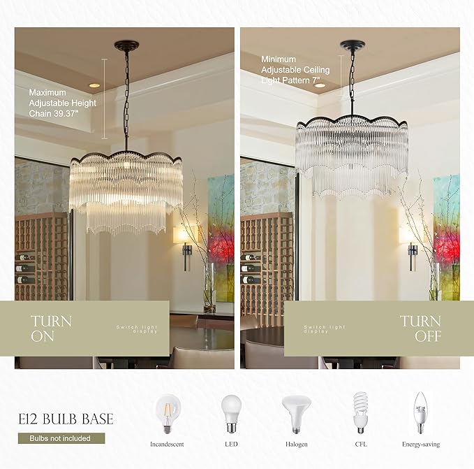 22.83" Black Clear Glass Crystal Chandelier 8-Light Modern Crystal Pendant Ceiling Light Fixture 2-Tier Luxury Glass Chandeliers,for Dining Room Kitchen Island Living Room Bedroom