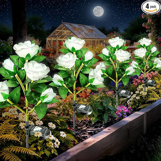 Anordsem Solar Garden Lights Outdoor: 20 Waterproof Fabric Roses 4 Pack - White LED Flower Decorations for Yard Patio Path Cemetery Grave - Birthday Gifts for Women Mom Wife