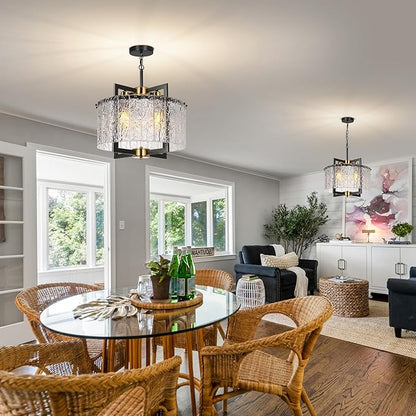 Black & Gold Chandelier Crystal Farmhouse Pendant Light, Semi Flush Mount Ceiling Chandelier Light Fixtures,16" Water Ripple Glass Shade,for Dining Room Kitchen Foyer Entryway