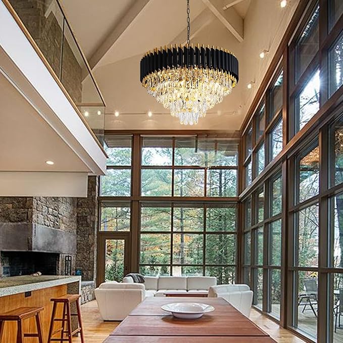 Modern Chandelier Gold and Black Chandeliers 5-Tier Chandelier Crystal Round Hanging Crystal Pendant Light Fixture for Dining Room Bedroom Living Room Foyer Farmhouse W24in 12 Lights