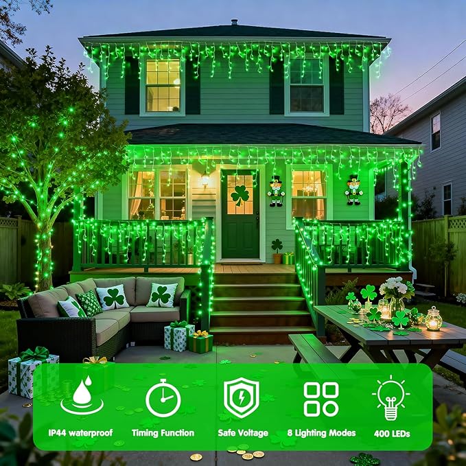 JMEXSUSS 400 LED 38.8F Green Icicle Lights for St Patrick's Day, Green Christmas Lights Indoor Outdoor, String Icicle Light for St Patrick House Fireplace Party Yard Decoration