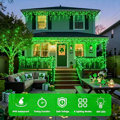 JMEXSUSS 400 LED 38.8F Green Icicle Lights for St Patrick's Day, Green Christmas Lights Indoor Outdoor, String Icicle Light for St Patrick House Fireplace Party Yard Decoration