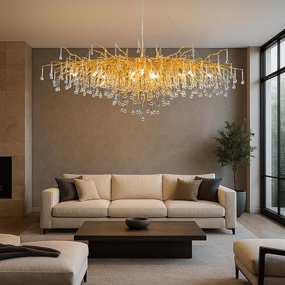 70.87 Inch Modern Crystal Chandeliers, Large Gold Branch Raindrop Chandelier, Rectangle Chandelier Lighting Fixture 19-Light for Foyer Entryway High Ceiling Dining Room, Living Room