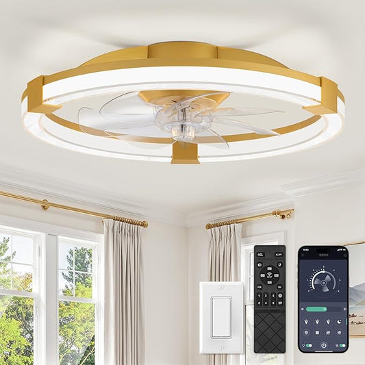 LEDIARY Ceiling Fans with Lights, 20 Inch Low Profile Ceiling Fan with Remote, 6 Speeds, Reversible, Dimmable Flush Mount Fan Light, Modern Fandelier Ceiling Fan with Lights for Bedroom, Gold