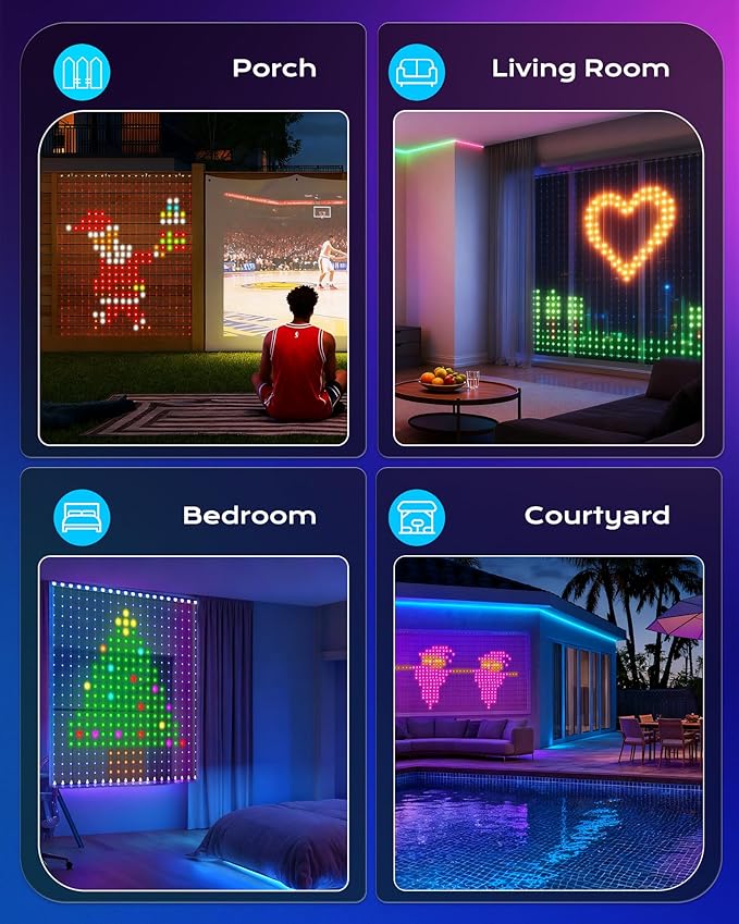 Brightown 400 RGBIC LED Smart Curtain Fairy Lights, 6.6x6.6ft Dynamic Color Changing Christmas String Lights with Remote, IP65 Waterproof Smart Wall Window Lights for Bedroom Living Room Garage