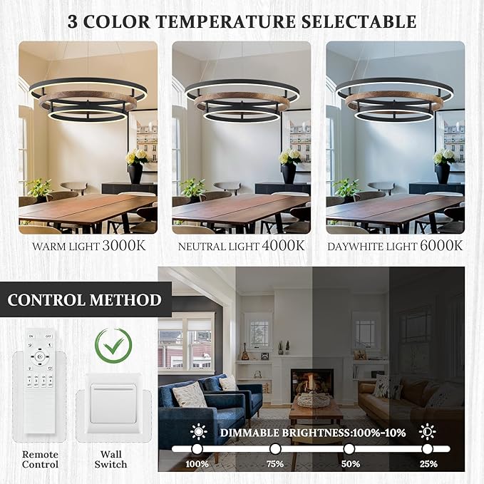 Modern LED Chandelier Black Wood Dimmable 3-Ring Foyer Entry Chandeliers Light 24in Dining Room Chandelier Light Fixture for Kitchen Home Office Living Room
