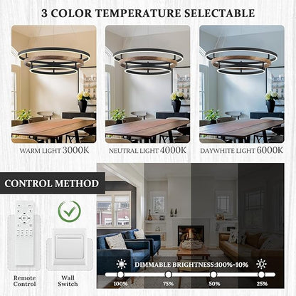 Modern LED Chandelier Black Wood Dimmable 3-Ring Foyer Entry Chandeliers Light 24in Dining Room Chandelier Light Fixture for Kitchen Home Office Living Room